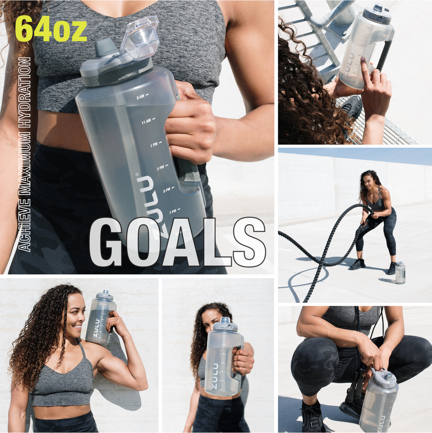  ZULU Goals 64oz Large Half Gallon Jug Water Bottle with  Motivational Time Marker, Covered Straw Spout and Carrying Handle, Perfect  for Gym, Home, and Sports, Grey : Sports & Outdoors